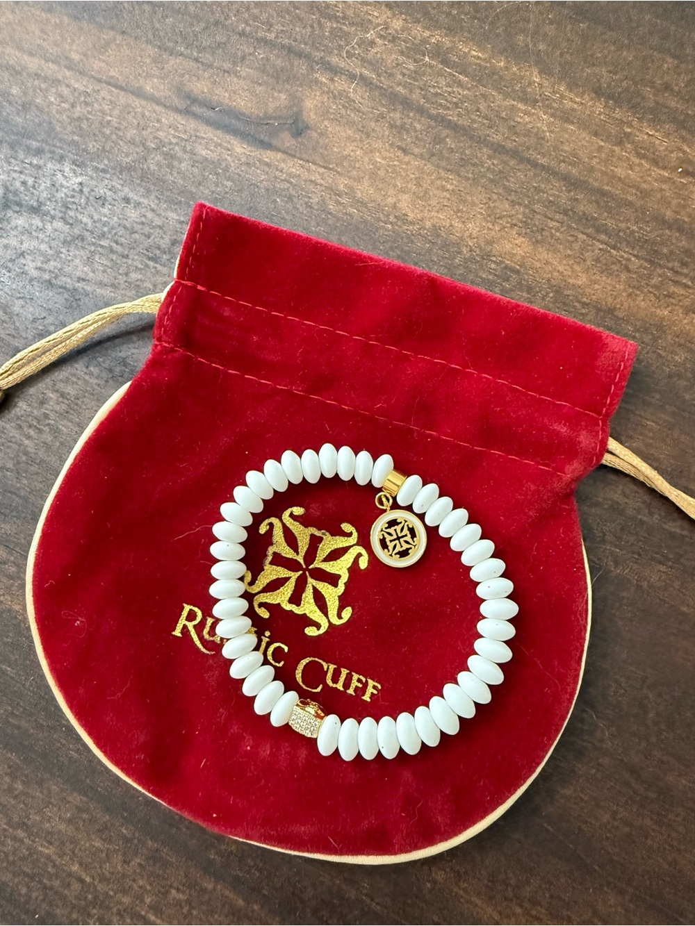 Rustic Cuff White Beaded Bracelet with Gold Charm
